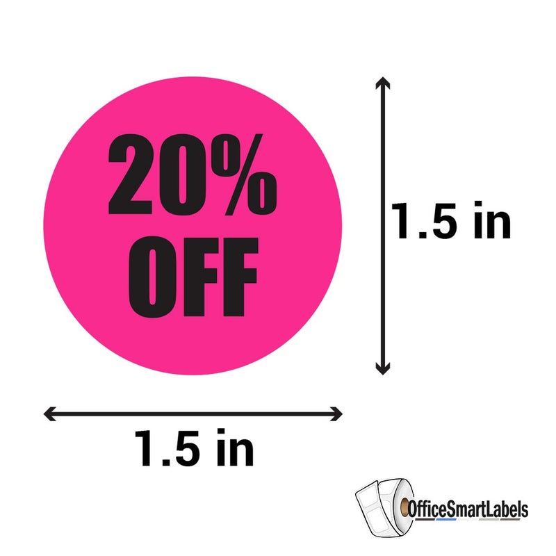OfficeSmartLabels 20 Percent Off Stickers - Discount Sale Labels for Small Business Supplies Retail Store Markdown Pricing Stickers - 1.5 Inch Round Circle Fluorescent Pink Adhesive - 300 Labels/Roll - Image 2